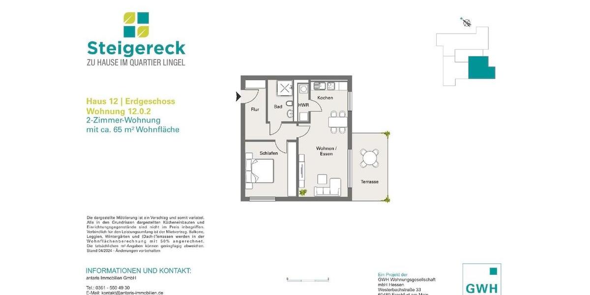 Erdgeschoßwohnung Erfurt Daberstedt - 2 Zimmer, 65 m&sup2;, 1.080&euro; | Angebot:25320266