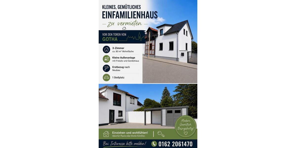 Doppelhaushälfte Gotha - 3 Zimmer, 80 m&sup2;, 1.200&euro; | Angebot:27624852